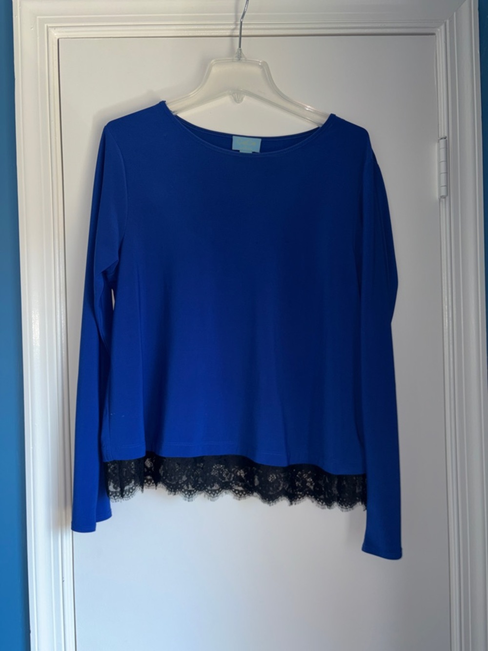 CeCe Royal Blue Long Sleeve Top with Black Lace Trim